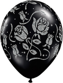 Балони Черни оникс със сребърни рози  11'' (28см.)