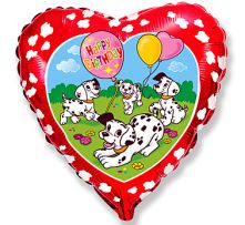 Сърце - червено фолиен балон с надпис Happy Birthday и далматинци 18"- 45 см.